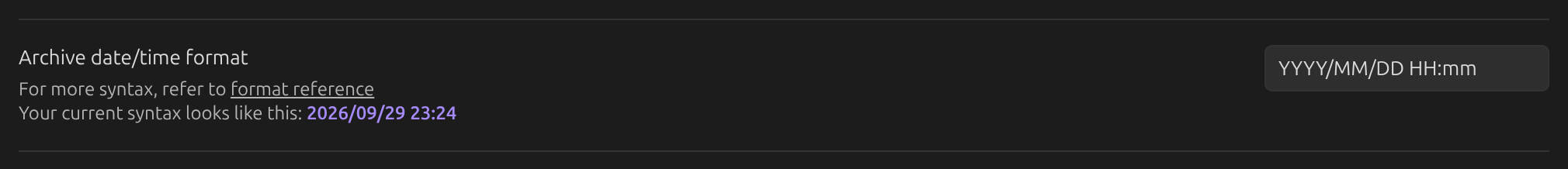 Setting the archive date/time format