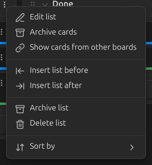 The list menu with "Show cards from other boards"