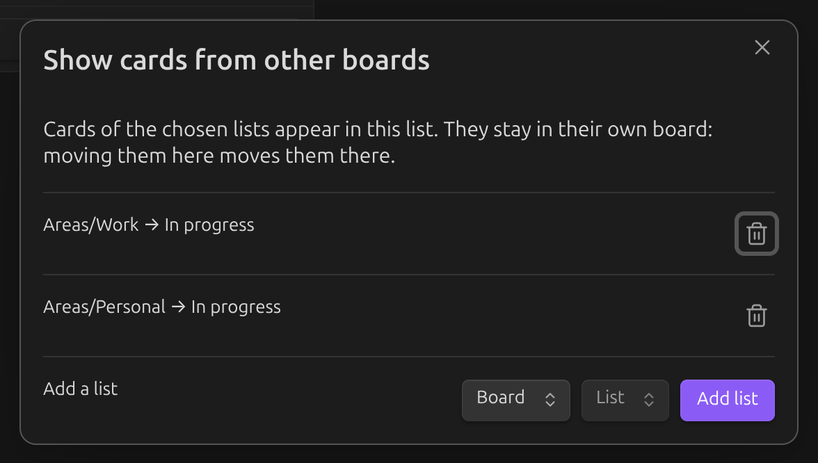 Picking a board and list to link