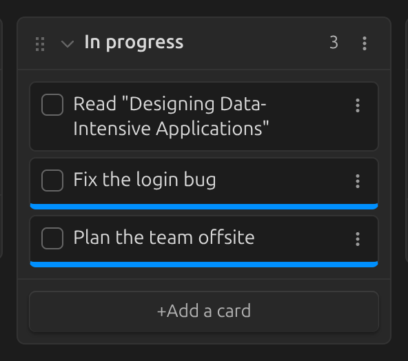A list mixing its own cards with linked ones from another board